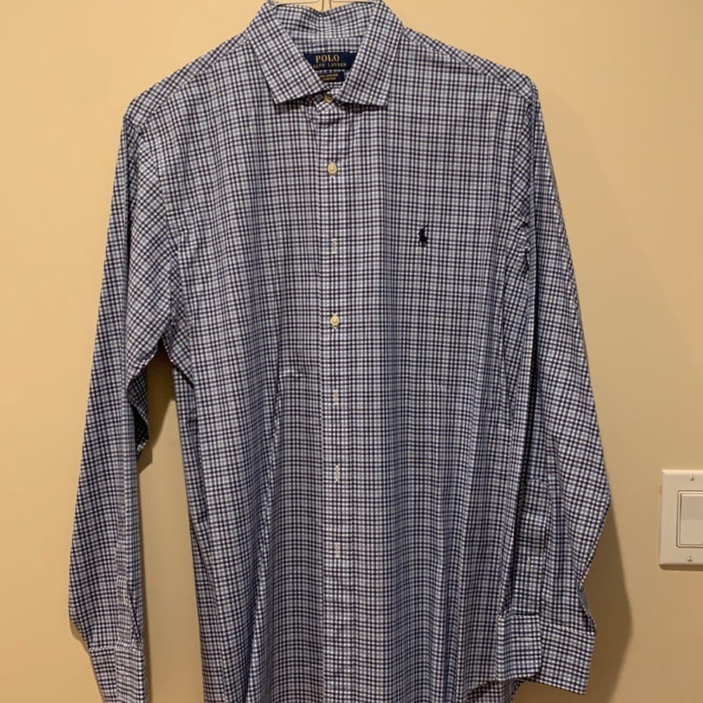 Ralph Lauren mens button down. Size large. Gingham checked blue.